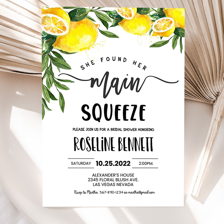 editable she found her main squeeze bridal shower invitation lemon citrus watercolor invite summer printable template