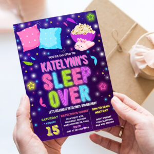 editable sleepover invitation slumber party invitation sleepover birthday invitation pajama party neon glow sleepover party