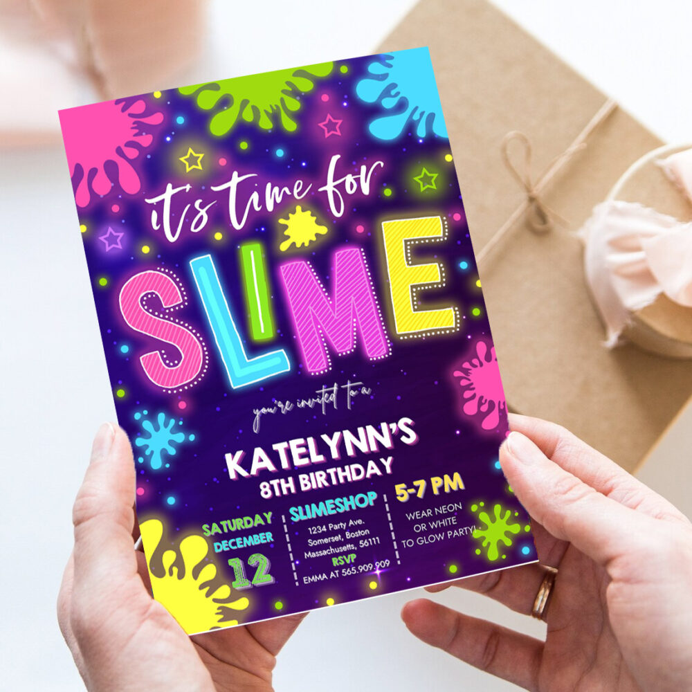 editable slime invitation glow slime invitation neon slime birthday invite time for slime experiment slime party