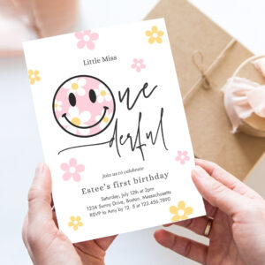 editable smiley daisy face birthday party invitation pastel daisy little miss onederful 1st birthday happy face party