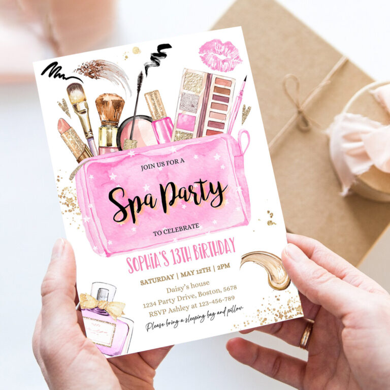 editable spa makeup birthday party invitation glam invitation girl pink and gold tween teen spa birthday party