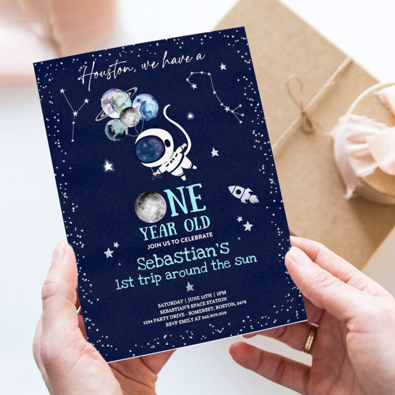 editable space 1st birthday party invitation houston we have a one year old rocket ship planets galaxy outer space party