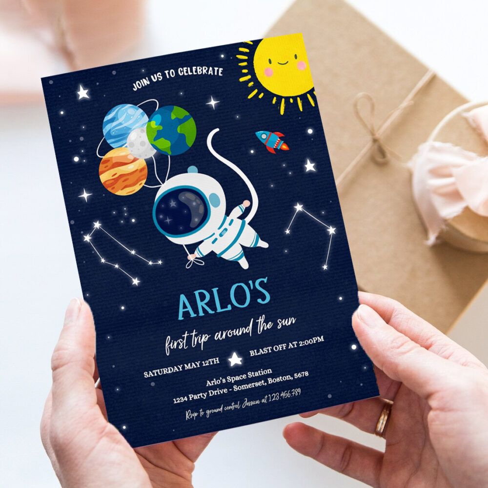 editable space birthday invitation first trip around the sun boy rocket ship space planets galaxy outer space party