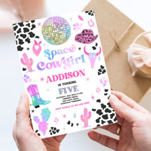editable space cowgirl birthday party invitation cosmic space cowgirl disco birthday party nashville rodeo any age party