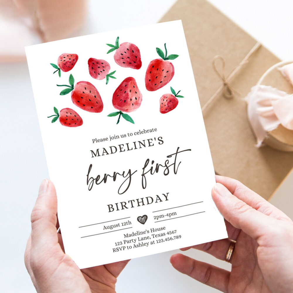 editable strawberry birthday invitation first birthday berry sweet girl cute strawberries 1st party invitation