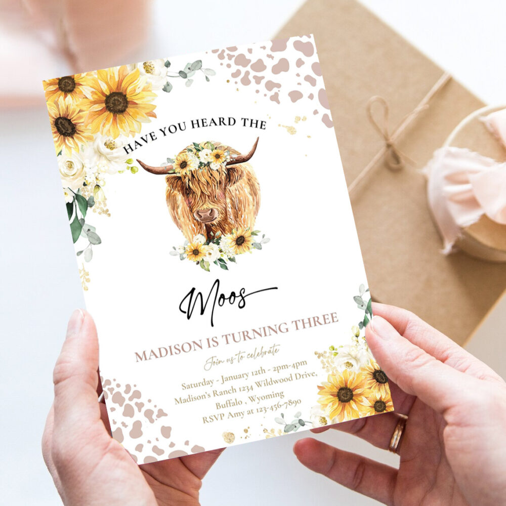 editable sunflower cow birthday party invitation have you heard the moos floral highland cow birthday party invitation