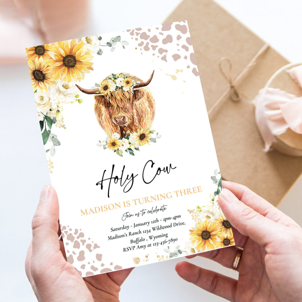 editable sunflower cow birthday party invitation holy cow im one party summer floral highland cow party