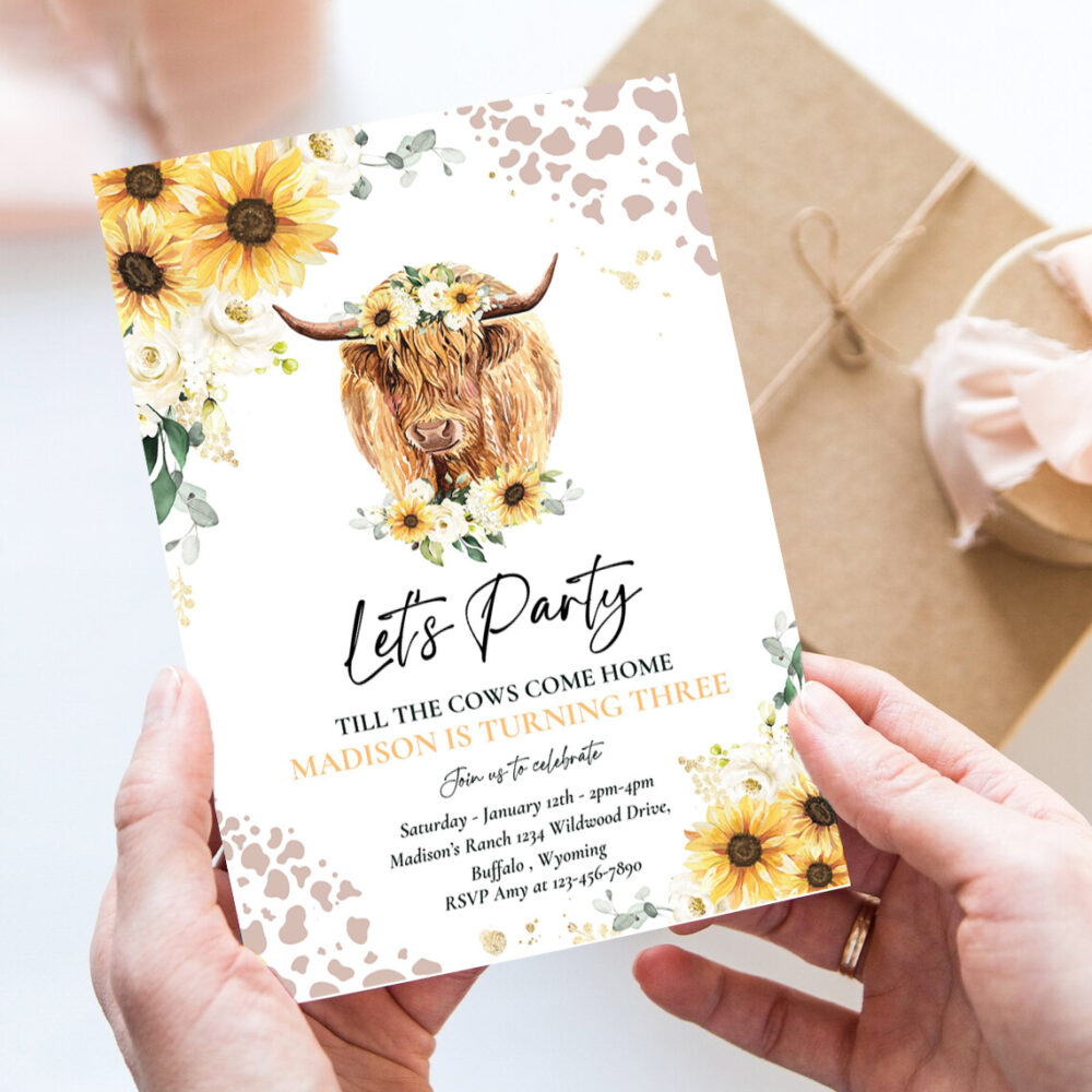 editable sunflower cow birthday party invitation lets party till the cows come home floral highland cow party