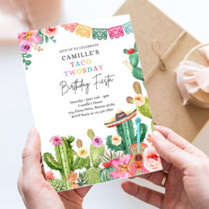 editable taco twosday 2nd birthday fiesta invitation fiesta 2nd birthday party watercolor cactus mexican birthday party