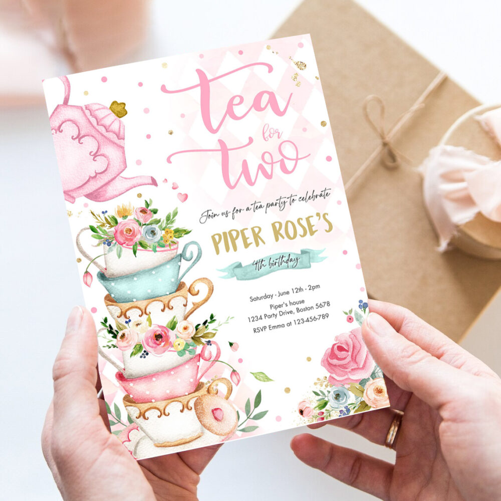 editable tea for two birthday invitation tea for two 2nd birthday party pink gold floral whimsical tea party