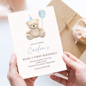 editable teddy bear birthday invitation blue boy teddy bear party bear y first birthday party bear balloons 1st birthday party