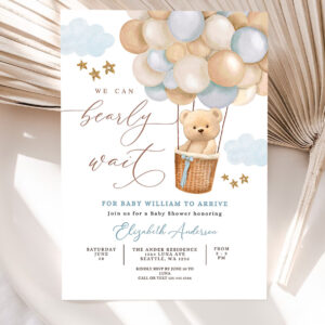 editable teddy bear hot air balloon baby shower invitation blue tan beige we can bearly wait invites template