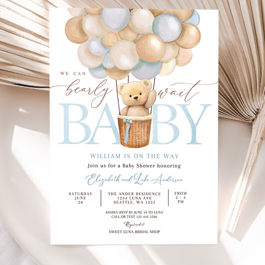 editable teddy bear hot air balloon bear theme baby shower invitation we can bearly wait invites template