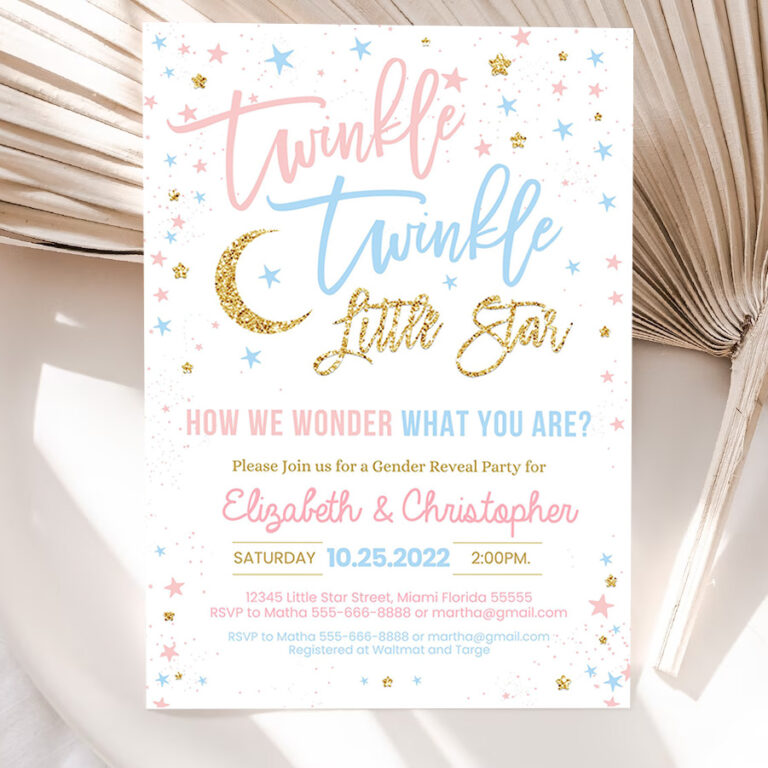 editable twinkle twinkle little star gender reveal baby shower invitation boy girl shower blue pink invite