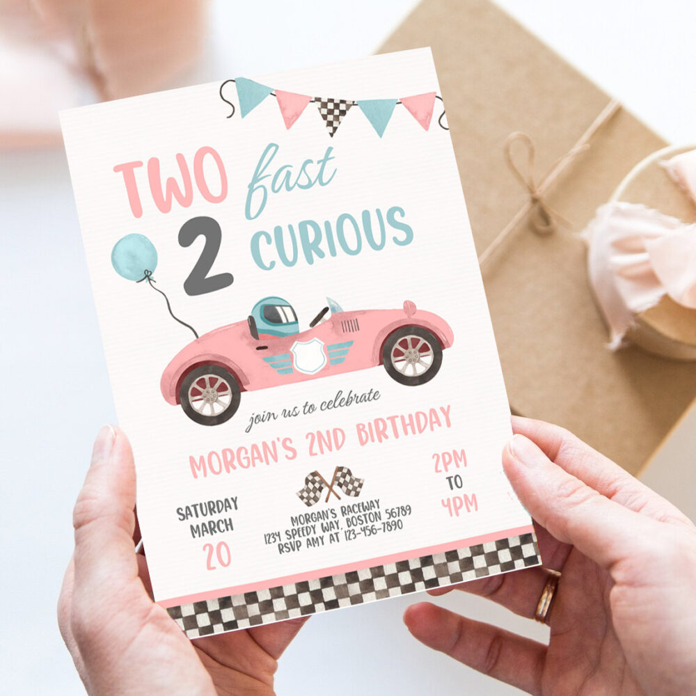 editable two fast birthday invitation two fast girl pink race car 2nd birthday party two fast 2 curious race car party