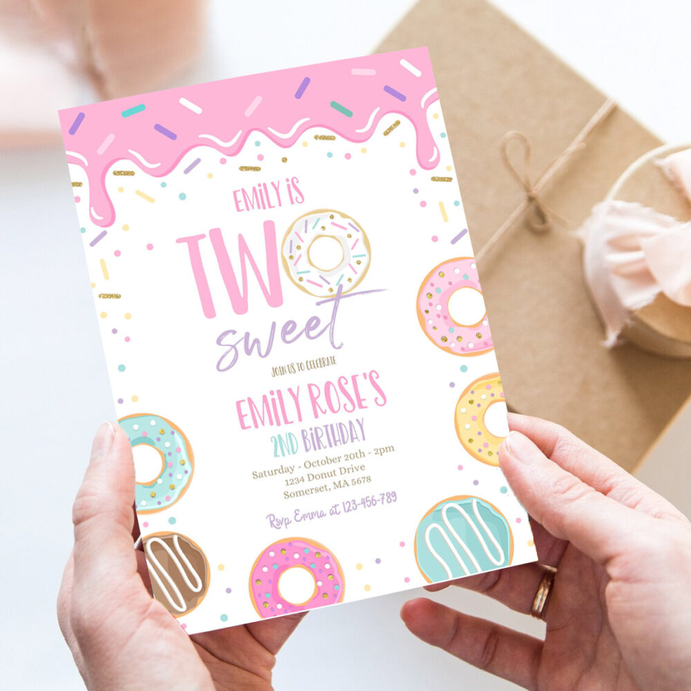 editable two sweet donut birthday party invitation pink pastel donut two sweet 2nd birthday donut 2nd birthday party