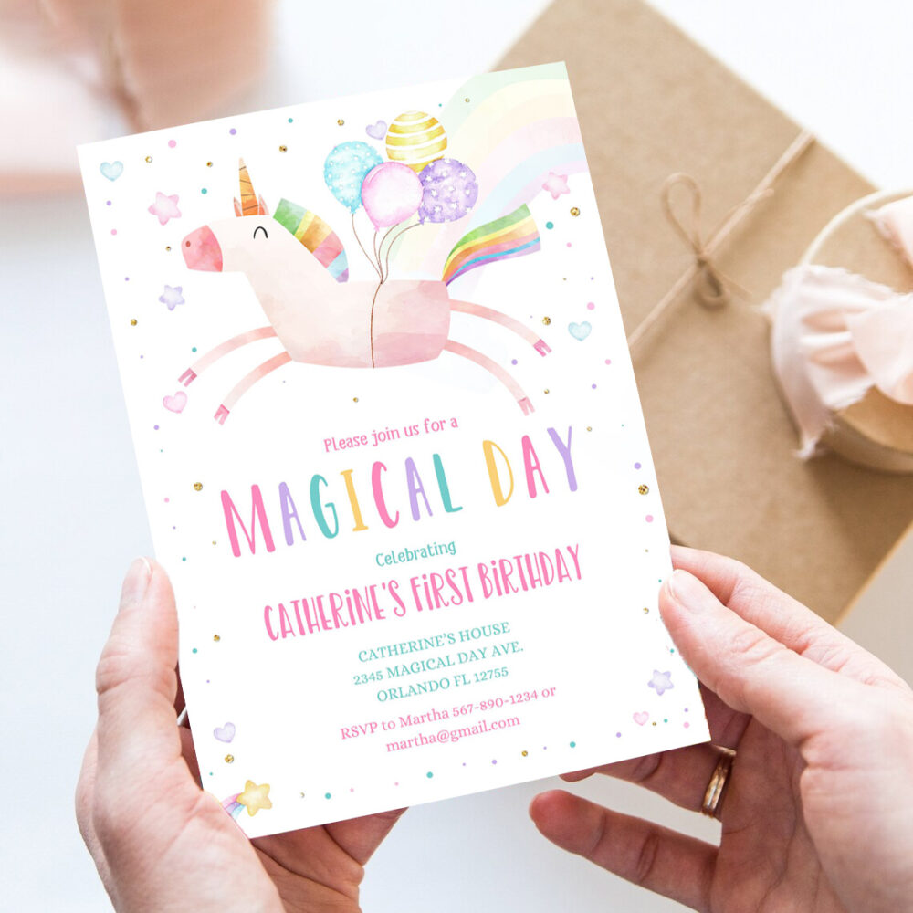 editable unicorn birthday invitation magical party invite girl pink first birthday digital invite template reainbow