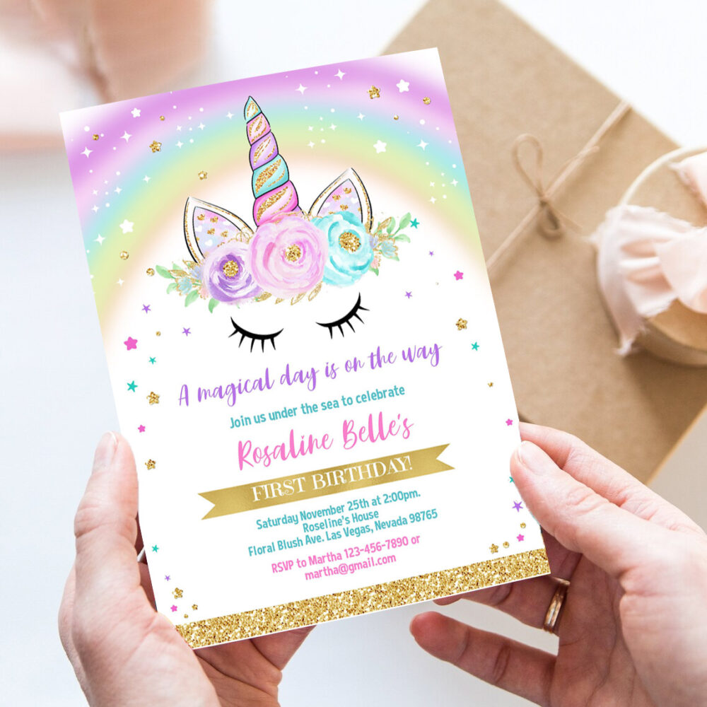 editable unicorn invitation rainbow unicorn invite unicorn party unicorn birthday magical unicorn girl gold party invite