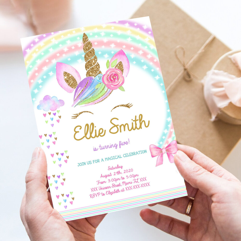 editable unicorn invitation unicorn party unicorn birthday magical unicorn invite girl pastel gold template
