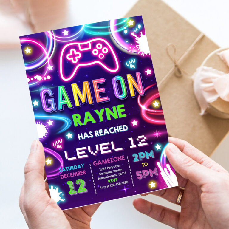 editable video game birthday invitation gamer girl birthday party neon game on level up birthday party glow gamer party
