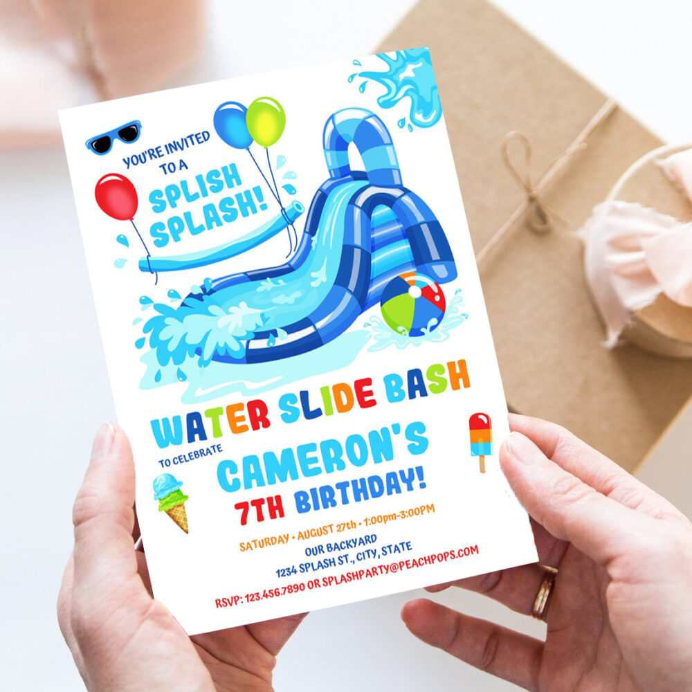 editable water slide birthday splash party invitation blue waterslide bash boy or girl printable invite