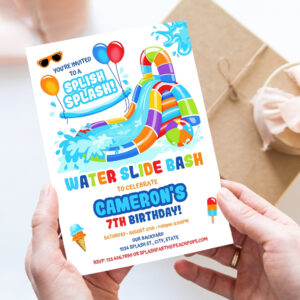editable water slide birthday splash party invitation orange red blue waterslide bash boy or girl digital printable invite
