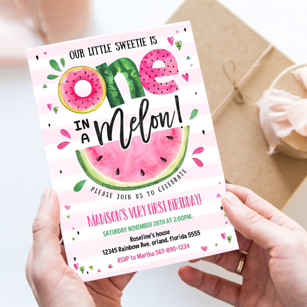 editable watermelon invitation birthday invitations pink watermelon party one in a melon 1st birthday party invite instant download