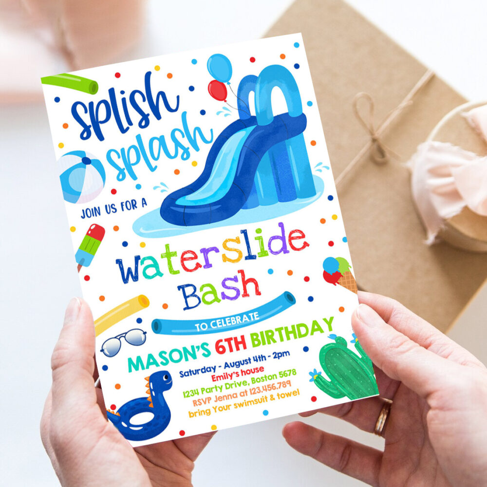 editable waterslide birthday party invitation water slide bash summer pool party boy blue pool party bbq pool party
