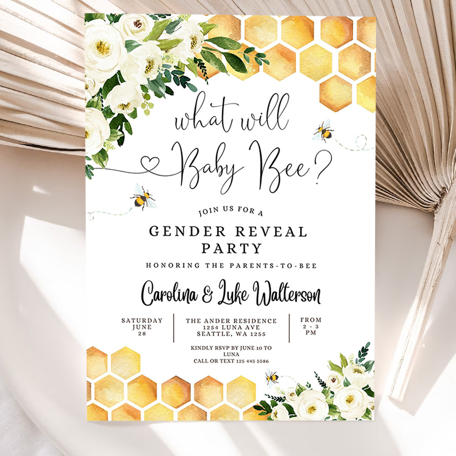 editable what will baby bee gender reveal party baby bee invitation gender neutral invite printable template