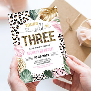 editable young wild and three leopard print jungle birthday party invitation leopard print wild and three birthday party