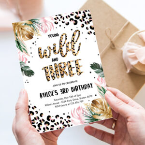 editable young wild and three leopard print jungle birthday party invitation leopard print wild and three birthday party template