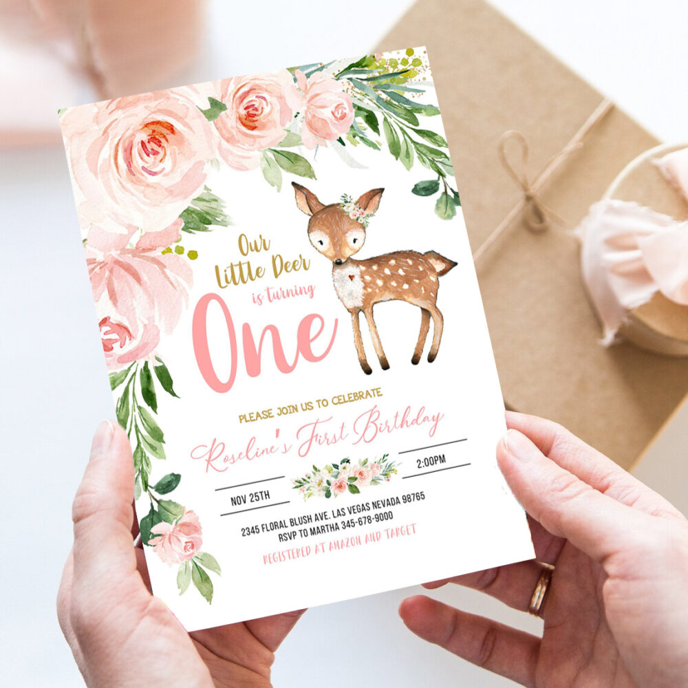 our little deer first birthday invitation woodland deer birthday invitations floral woodland invite editable template