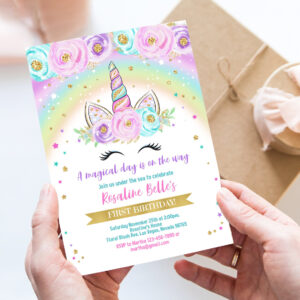 rainbow unicorn birthday invitation editable unicorn party floral magical unicorn invite unicorn and rainbow