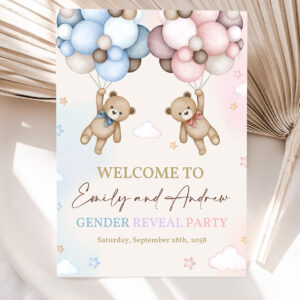 teddy bear gender reveal welcome sign pink and blue bear baby shower poster he or she yard sign neutral party porch door sign