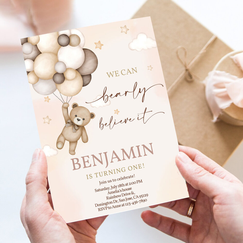 teddy bear invitation 1st birthday party invites boy kids any age boho fall we can bearly believe beige balloons editable template