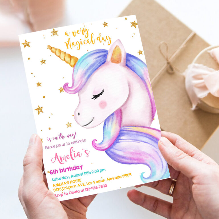 unicorn birthday invitation rainbow party gold glitter pink girl magical day invites editable printable template