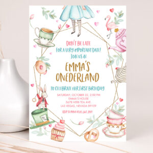1 Alice in Wonderland Invitation Party Onederland Girl First 1st Birthday Invite Mad Hatter Tea EDITABLE Template