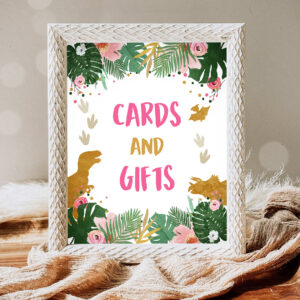 1 Cards And Gifts Sign Table Decor Dinosaur Sign Dino Gift Table Prehistoric Party Girl Pink Gold Gift Table Jungle Leaves Sign PRINTABLE 0146 1