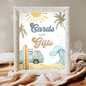 1 Cards and Gifts Sign Surf Birthday Party Retro The Big One Wave Beach Party Decor Boho Surfboard 1st Van Gift Table Download PRINTABLE 0433 1