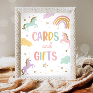 1 Cards and Gifts Sign Unicorn Birthday Party Sign Unicorn Party Table Sign Decor Rainbow Pastel Unicorn Girl Download Digital PRINTABLE 0426 1