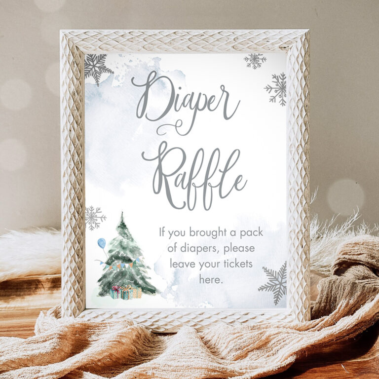 1 Diaper Raffle Winter Sign Winter Tree Watercolor Snowflake Baby Shower Sign Decor Diaper Table Girl Cold Outside Shower Download PRINTABLE 0363 1