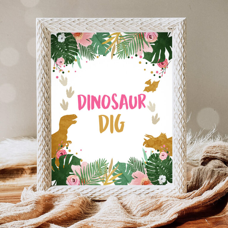 1 Dino Dig Sign Table Decor Dinosaur Dig Sign Prehistoric Party Girl Pink Gold Favor Table Jungle Dino Party Sign T Rex PRINTABLE 0146 1