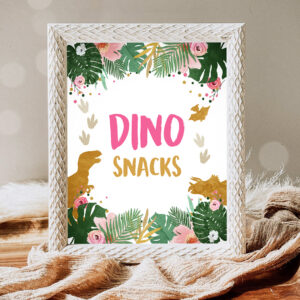 1 Dino Snacks Sign Table Decor Dinosaur Sign Dino Food Sweet Table Prehistoric Party Girl Pink Gift Table Jungle Leaves Sign PRINTABLE 0146 1