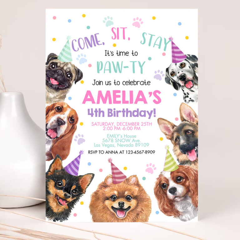 1 Dog Invitation Birthday Party Invites Puppy Pawty Boy Girl First Come Sit Stay Pet Theme EDITABLE Digital Template