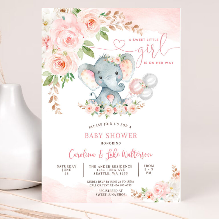 1 EDITABLE Blush Pink Rose Gold Elephant Baby Shower Invitation Girl Baby Elephant Invite Printable Template