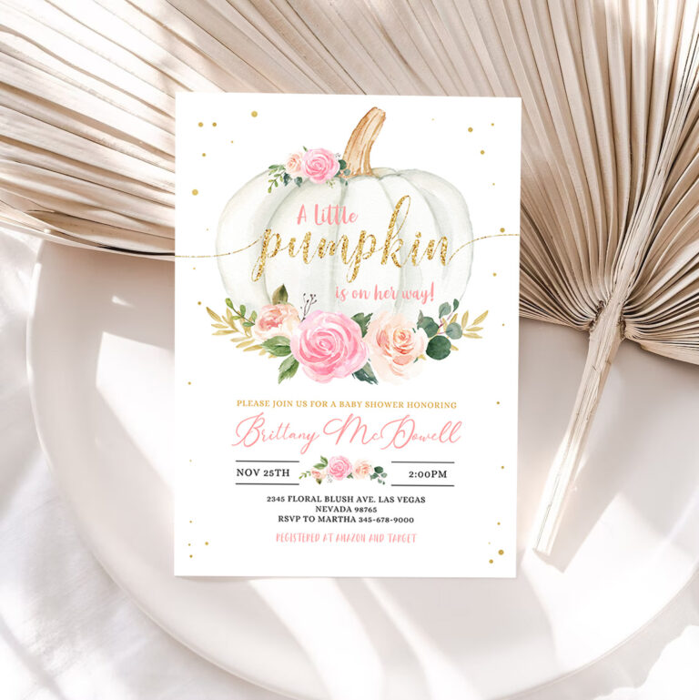1 EDITABLE Pumpkin Baby Shower Invitation Floral Pink and gold Girl little Pumpkin Baby Shower Invites Fall Autumn