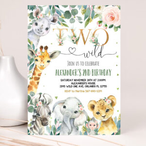 1 EDITABLE Safari Birthday Invitation Girl Two Wild Birthday Invite 2nd Gold Jungle Animals invitations Printable Template