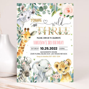 1 EDITABLE Safari Birthday Invitation Girl Young Wild and Three Birthday Invite 3rd Jungle Animals invite Printable Template