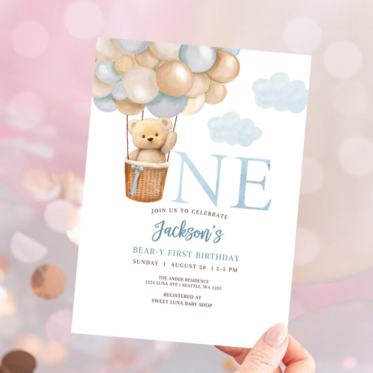 1 Editable 1st Birthday Boy Teddy Bear Hot Air Balloon Birthday Invitation Beary 1st Birthday Invite Printable