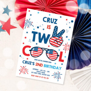 1 Editable 4th Of July Birthday Invitation Two Cool Dude 4th Of July 2nd Birthday Invitation Memorial Day Birthday Party
